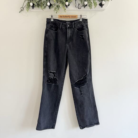 Judy Blue Black Distressed Black Straight Leg Jeans High Rise 9/29 18-3098 - Picture 1 of 6